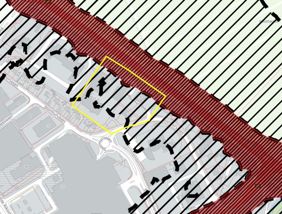 Planavgrensning vist med gul linje. Kartgrunnlag: Bodø kommunes kartportal. Bearbeidet av Norconsult.