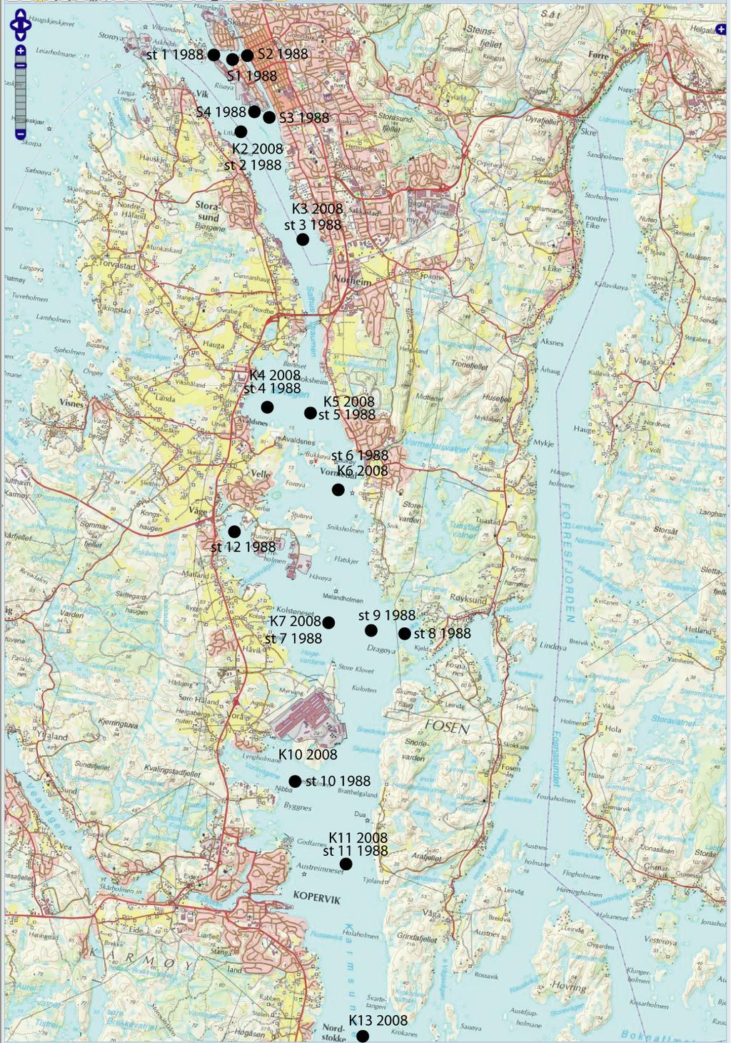 NA 5907-2010 Figur 21. Oversiktskart med stasjonsnavn og plassering av stasjoner for innsamling av sedimentprøver i Karmsundet.