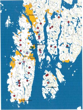 NA 5907-2010 Figur 25. Lokaliteter for innsamling av sedimenter fra innsjøer i regionen rundt verket på karmøy (røde sirkler). Fra (Rognerud og Fjeld) 2008.