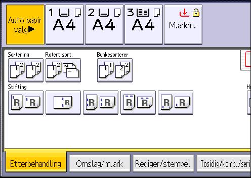 3. Kopi 1. Trykk på [Etterbehandling]. 2. Velg [Sortering] eller [Rotert sort.], og trykk deretter på [OK]. 3. Angi antallet kopisett med talltastene. 4. Plasser originalene.