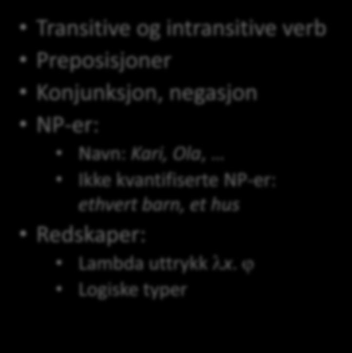 kvantifiserte NP-er: ethvert barn, et hus Redskaper: Lambda