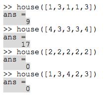 45 Oppgave 3 c) (4%) Lag funksjonen house som har inn-parameteren dice som er en liste med fem elementer med verdier mellom 1 og 6.