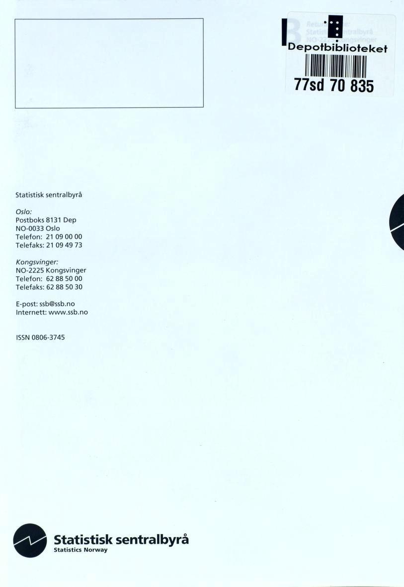 I fl Depotbiblioteket 77sd 70 835 Statistisk sentralbyrå Oslo: Postboks 8131 Dep NO-0033 Oslo Telefon: 21 09 00 00 Telefaks: 21 09 49 73 Kongsvinger: