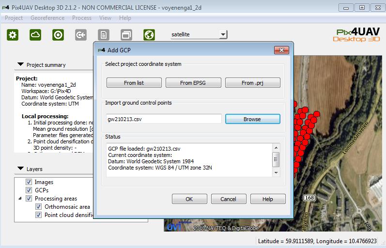Importer deretter GCP (CSV- fil) og trykk ok. Figur 31- Import GCP I skjermbildet som nå vises (figur 32) skal GCP kobles mot bildene.