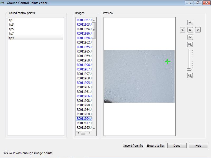 Figur 33- GCP koblet mot bildene Etter at alle GCP er koblet mot bildene, kan det eksporteres en fil (.p4d) som senere kan brukes opp igjen ved behov (ved samme prosjekt).