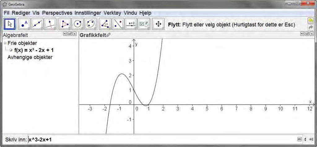 2 Funksjoner i GeoGebra Med GeoGebra kan du plotte og analysere funksjoner. Vi vil her se på en del eksempler som viser GeoGebra i bruk. 2.