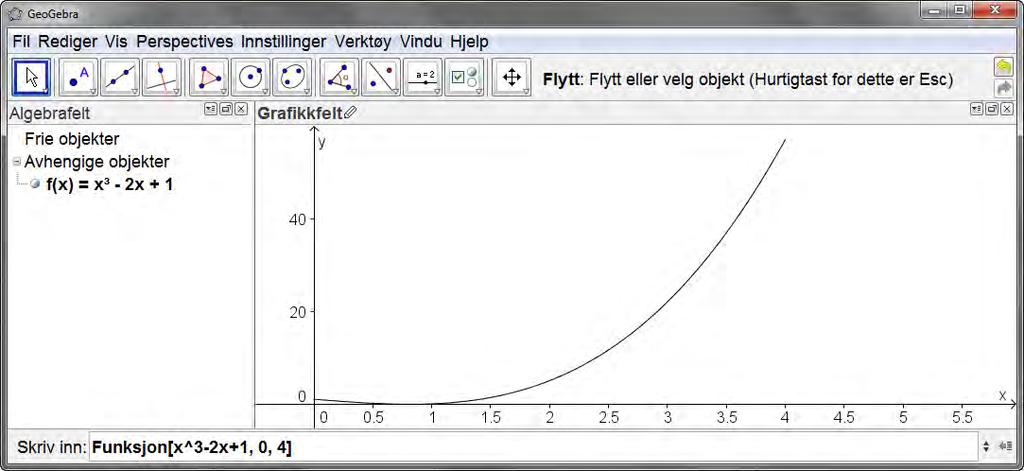 2 Funksjoner i GeoGebra Et problem med denne grafen er at vi ikke får se alle y-verdiene. Vi ønsker derfor å zoome litt ut på y-aksen og zoome inn litt på x-aksen.
