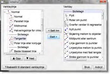 For å få dette til klikker du på Verktøy på menylinjen og velger «Tilpass verktøylinje» (figur 100). I vinduet du da får opp kan du slette eller legge til verktøy.