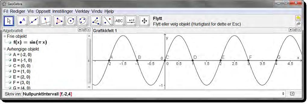 Vi kan finne all i et jafs ved å bruke kommandoen NullpunktIntervall[f,-2,4]. Figur 5: NullpunktIntervall[f,-2,4] gir alle nullpunktene i [ 2, 4].