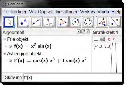 2.1 Plotting, nullpunkt og ekstremalpunkt Vi har altså funnet at f (x) = 3x 2 sin(x) + x 3 cos(x). Merk: Du også kan bruke kommandoen Derivert[<Funksjon>,<tall>] for å derivere en funksjon.