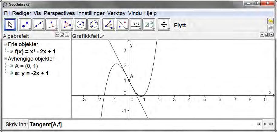2 Funksjoner i GeoGebra c) Finn stigningstallet til tangenten til grafen til f i punktet (m, f(m)). Vis at forholdet mellom stigningstallene til linjene l og t er 2 3.
