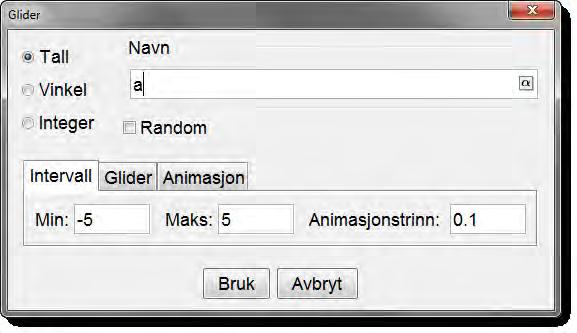3 Verktøy for objekthandlinger 3.1 Glidere Dersom du vil eksperimentere med ulike verdier som kan variere i et intervall, så er glidere et utmerket verktøy.