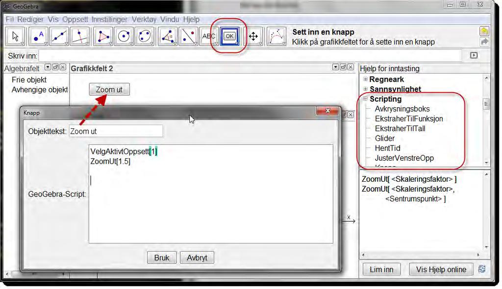 3 Verktøy for objekthandlinger Figur 21: Når du klikker på knappen vil du Zoome ut med en faktor 1,5 Oppgave 20 Lag en knapp som zoomer inn med en faktor lik 1,5 Eksempel 12 Tegn grafen