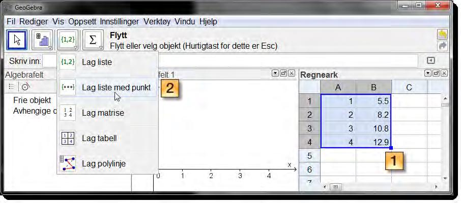 5.2 Regresjon x 1 2 3 4 y 5,5 8,2 10,8 12,9 Løsning: Vi fører tallene inn i regnearket, markerer dem og velger Lag liste med punkt i verktøymenyen som vist på figur 28: