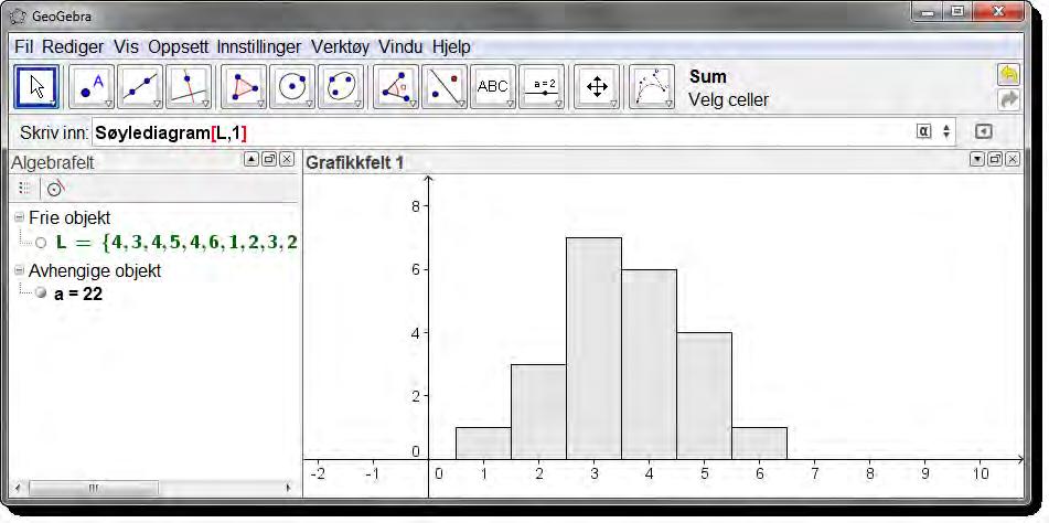 6 Statistikk GeoGebra er et flott verktøy til å tegne histogrammer og søylediagrammer. For å gjøre dette, kan det være greit å bruke regnearket i GeoGebra til å føre inn de ulike tallene.