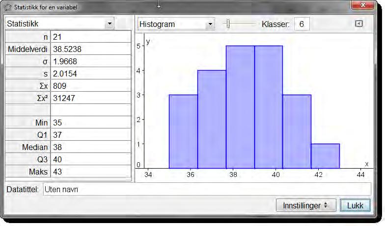 6 Statistikk Eksempel 17 Elevene i en klasse hadde følgende skostørrelser: 37, 36, 41, 40, 35, 39, 38, 37, 39, 43, 40, 41, 41, 37, 38, 38, 40, 36, 38, 38, 37 Illustrer tallene med et histogram der