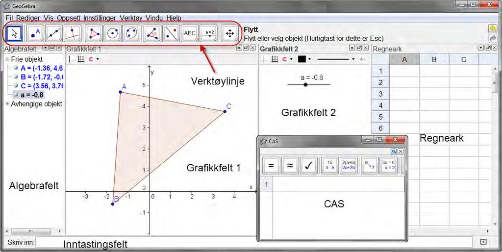 1 Å komme i gang med GeoGebra GeoGebra er et program som kobler sammen geometri, algebra og funksjoner. Det inneholder dynamisk geometriprogram, en grafplotter og et computer algebra system (CAS).