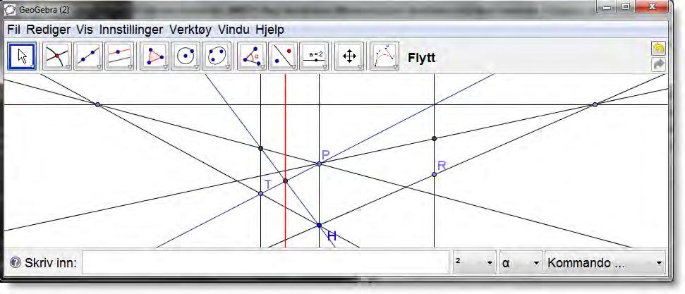 8 Geometri Neste problem er å bestemme hvor mønet til huset kan være. Det er selvsagt midt på den ene veggen. Men hvor er det i perspektiv? Vi tegner inn diagonalene mellom hjørnene i den ene veggen.