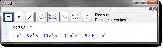 11.2 CAS-kommandoer Oppgave 56 Gang ut: (a + b + c) 3. Oppgave 57 Finn de eksakte røtten til likningen x 3 + 8x 2 2x 16 = 0 Oppgave 58 Oppgave 59 Deriver funksjonen f(x) = x 4 ln(x).