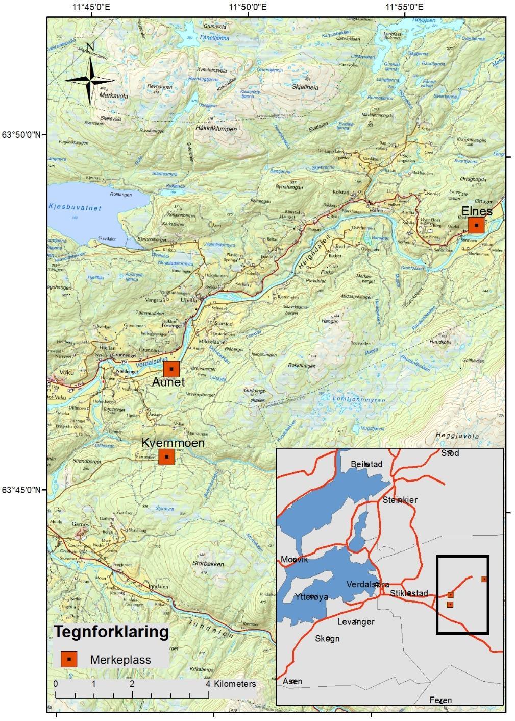 2 Materiale og metode 2.1 Studieområde Det ble merket hjort på tre fôringsplasser i Verdal vinteren 2005 og 2006. Av totalt 22 hjort ble 19 merket på Kvernmoen, to ved Aunet og én ved Elnes (Figur 2.