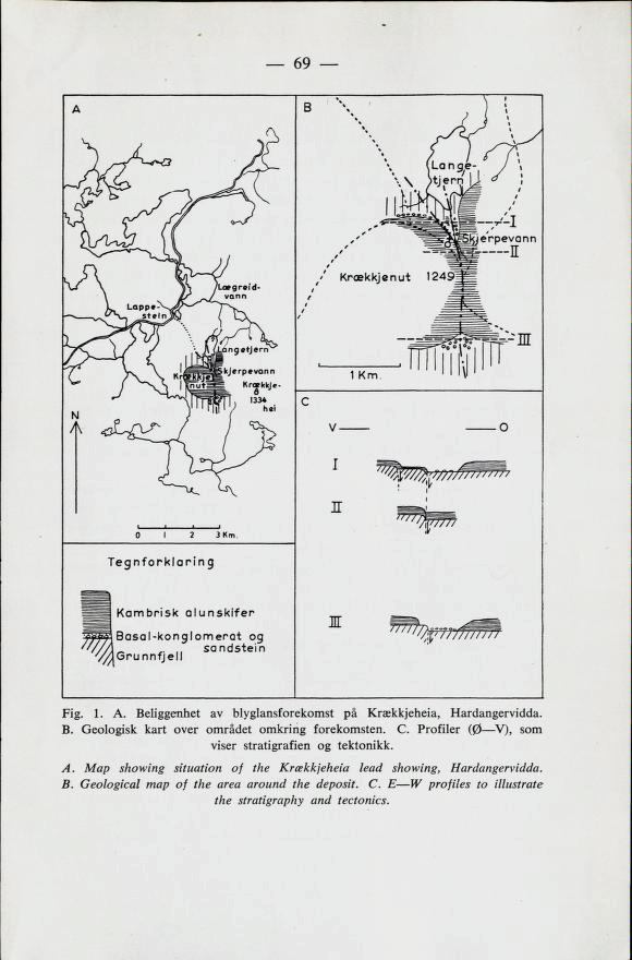 69 Fig. 1. A. Beliggenhet av blyglansforekomst på Krækkjeheia, Hardangervidda. B. Geologisk kart over området omkring forekomsten. C. Profiler (0 V), som viser stratigrafien og tektonikk.