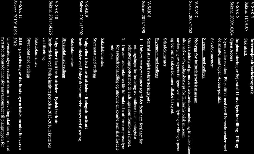 Protokoll fra møte i universitetsstyret, 06. desember 2011 - Universitetet i Oslo Page 2 of 3 V-SAK 5 Saksnr. 11/14107 V-SAK 6 Saksnr. 2009/16304 V-SAK 7 Saksnr.