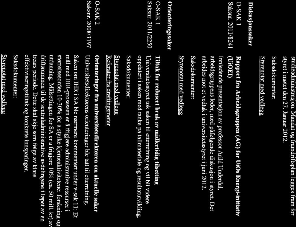 Protokoll fra møte i universitetsstyret, 06. desember 2011 - Universitetet i Oslo Page 3 of 3 Diskusjonssaker studieadministrasjon. Mandat og framdriftsplan legges fram for styret i møtet den 27.
