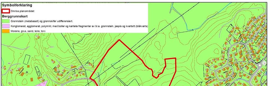 6 2. GEOLOGISK OVERSIKT NGUs berggrunnskart 2 over området, se Figur 2, beskriver bergarten i planområdet som grønnstein og grønnskifer.