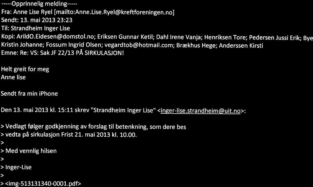 Gabrielsen Kan Fra: Strandheim Inger Lise Sendt: 14. mai 2013 08:13 Til: Gabrielsen Kan Emne: VS: VS: Sak JF 22/13 PÅ SIRKULASJON!