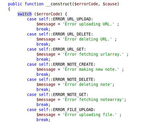 unntakshåndterer, og vil vise en feilmeldingsside. AFWException-klassen er en underklasse fra PHP sin kjerneklasse Exception og LinkedException-klasse.