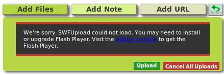 FIGUR 6.4 - FEIL VED LASTING AV SWFUPLOADER Muligheten med opplasting av flere filer benytter seg av en kø-plugin, som ikke er originalt i produktet.