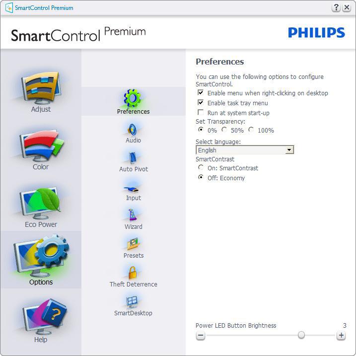 Options menu (Alternativmeny) Options(Alternativer)> Preferences (Egenskaper) - Er kun aktiv når du velger Preferences (Egenskaper) fra