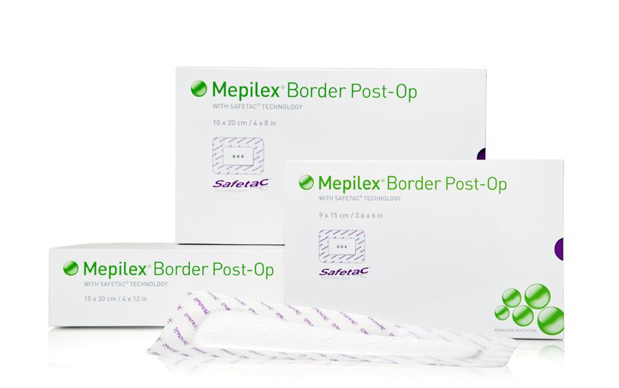 Fleksibel, alt-i-ett postoperativ bandasje Mepilex Border Post-Op kan: Bidra til å redusere faren for SSI ved å minimere antall bandasjeskift og hudskader rundt såret 1-4 Fleksible egenskaper og