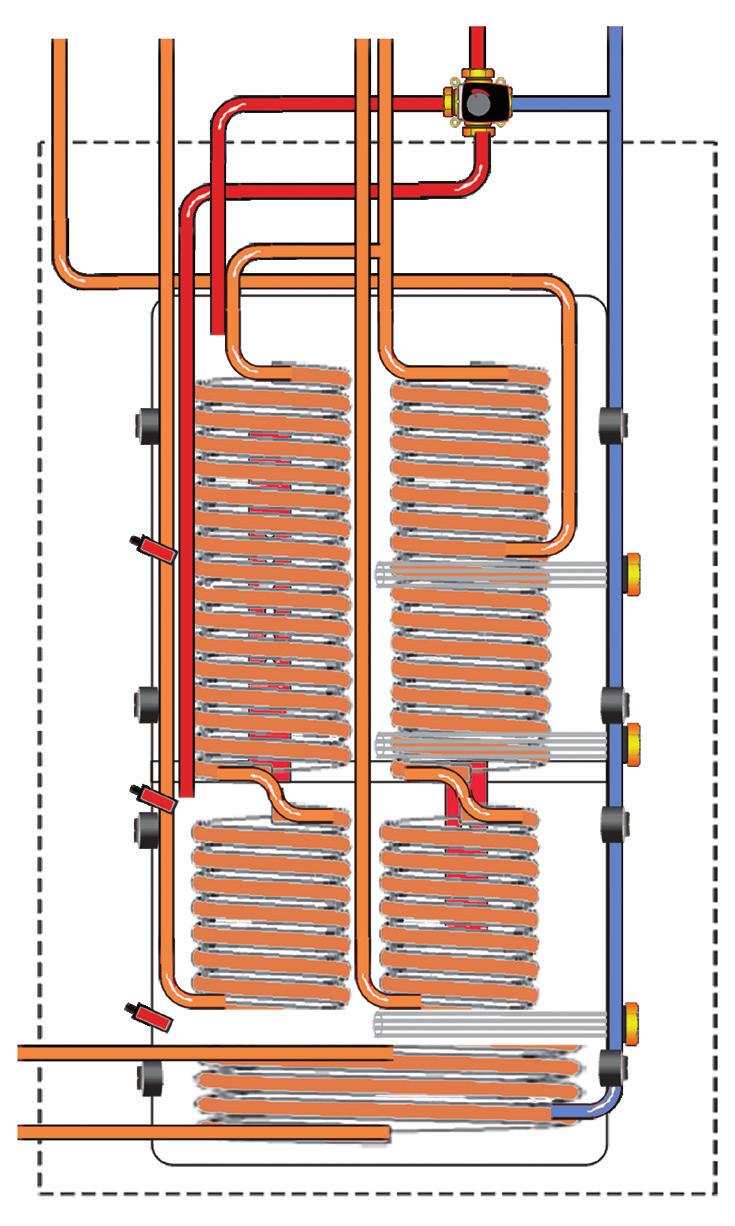 nedre delen av tanken. Når det er et varmebehov, starter alltid den varmepumpen med minst driftstimer først, forutsatt at varmepumpene er av samme type. Dette gir en jevn belastning på varmepumpene.