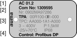 SA 07.2 SA 16.2 / SAR 07.2 SAR 16.2 Styreenhet: elektronisk (MWG) Identifisering Typebetegnelse Bilde 3: Typebetegnelse (eksempel) 1. Aktuatorens type og størrelse 2.