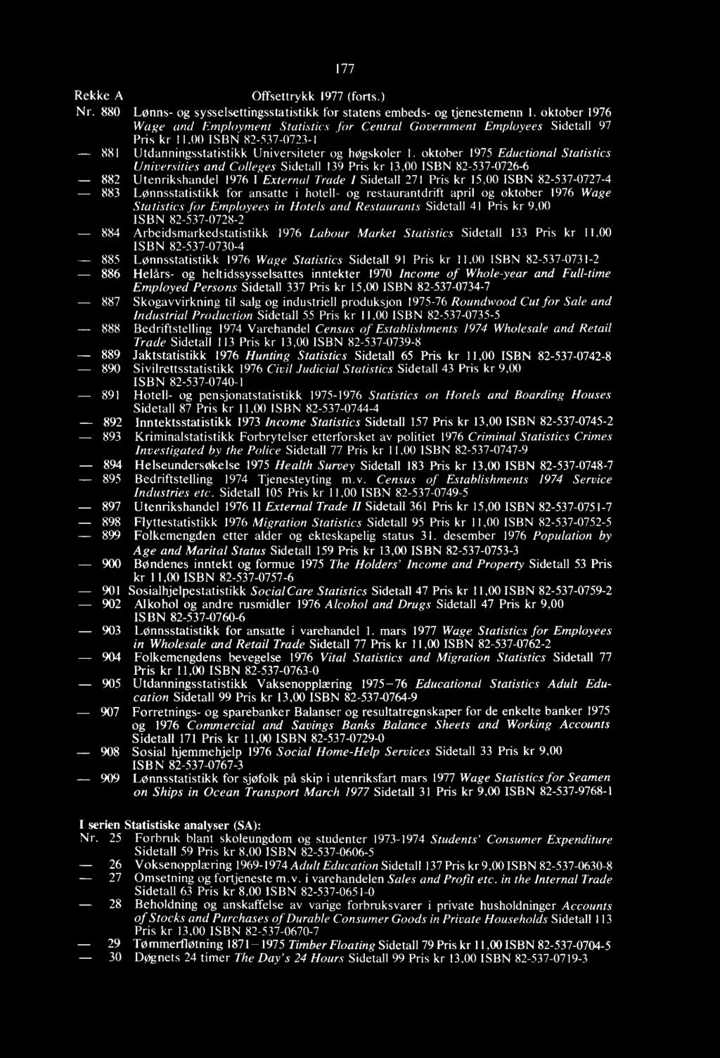 statistikk 1976 Labour Market Statistics Sidetall 133 Pris kr 11,00 ISBN 82-537-0730-4 885 Lønnsstatistikk 1976 Wage Statistics Sidetall 91 Pris kr 11,00 ISBN 82-537-0731-2 886 Helårs- og