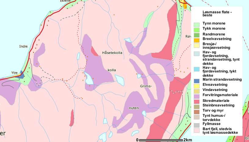 Fjellet er i all hovedsak dekket av løsmasser av ulikt opphav og tykkelse (figur 8).