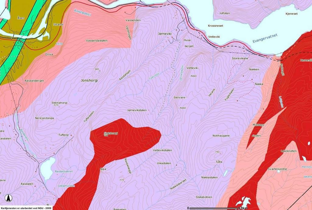 Figur 4. Kartet viser berggrunnsgeologien i influensområdet.