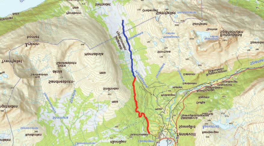 Første del går etter sti til over skogbandet, og den er noe bratt. Deretter er det jamn stigning opp til Isvatnan. Videre opp er det noe bratt, men ingen klatring.