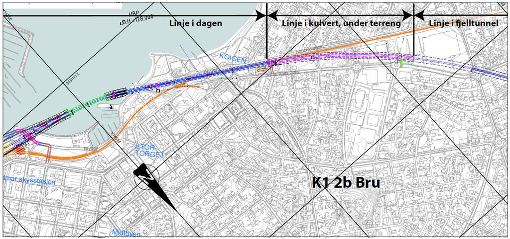 1 Koigen (ca 127 moh på toppen) Vest med kulvert: Ferdig utbygd ligger banen under terreng. Det blir åpen anleggsgrøft fram til ca et kvartal nord for Bryggeriundergangen.