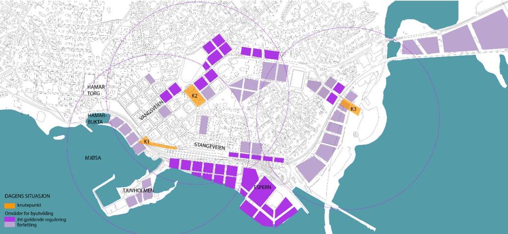 4 Yttersiden av Hamar stasjon (ca 127 moh) Vest (begge løsninger): Sporene nærmest Mjøsa er avsatt til byggeformål (bolig og næring) i vedtatt reguleringsplan (2012).