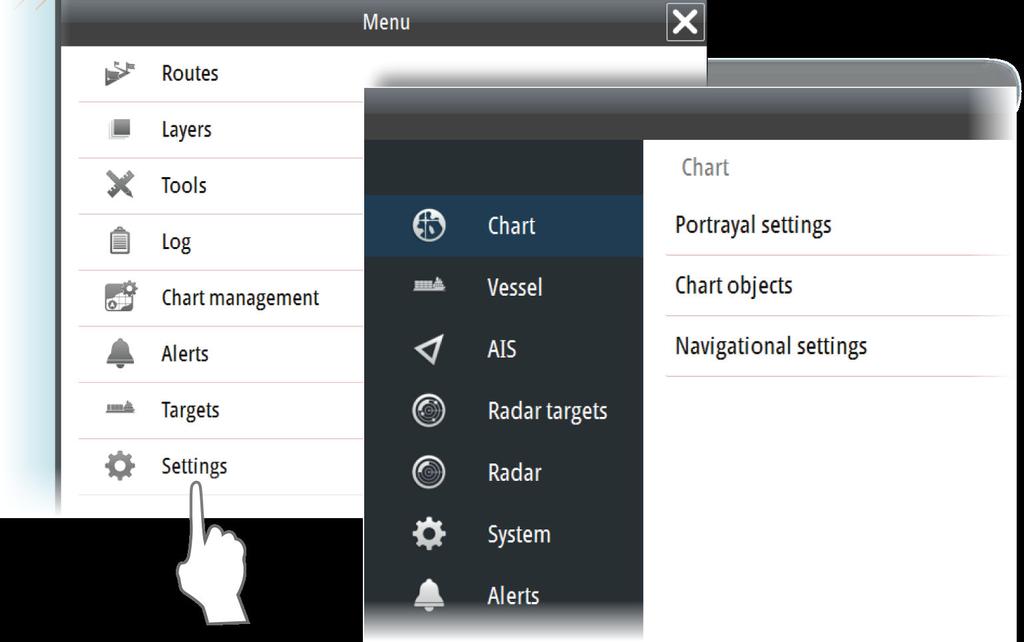 Dialogboksene med innstillinger De ulike dialogboksene med innstillinger brukes til å konfigurere ECDIS-systemet.