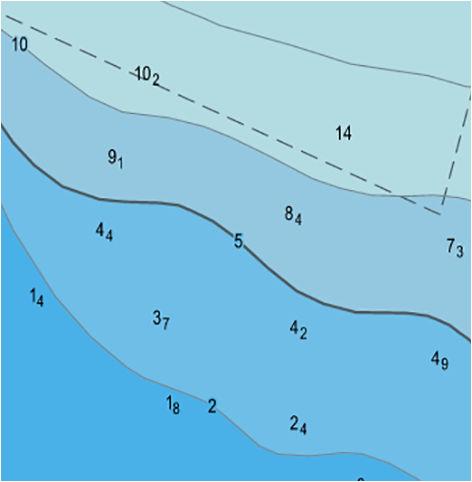 Visningsinnstillinger for dybde Det finnes ulike innstillinger som kan visualisere dybdene og dybdeområdet: Shallow contour (Grunn kontur): Grense for grunt vann.