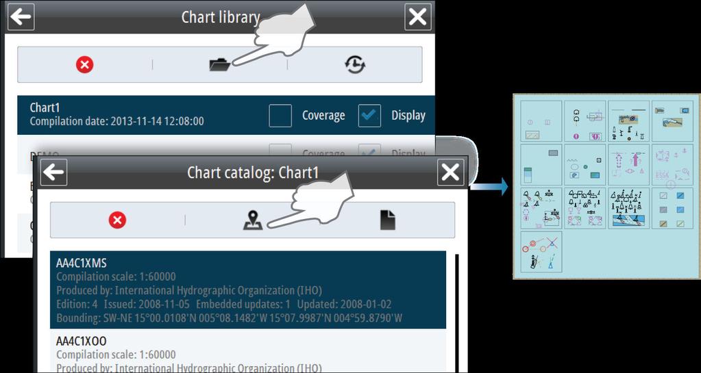 Kartsymboler Alle kartsymboler som brukes i systemet, kan vises på følgende måte: 1. Åpne panelet Chart library (Kartbibliotek). 2.