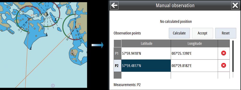 7. Velg knappen Calculate (Beregn) for å bekrefte posisjonen av observasjonspunktene og målingen.