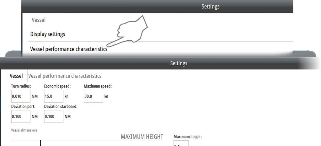 Ruteinnstillinger Når en ny rute opprettes eller et veipunkt legges til i en rute, bruker systemet fartøyets ytelsesegenskaper, som er definert i fartøyinnstillingene.