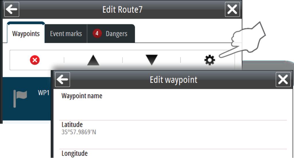 Slik legger du til et nytt veipunkt ved å angi koordinater Velg alternativet Add new waypoint (Legg til nytt veipunkt) i dialogboksen Route Edit (Rediger rute).