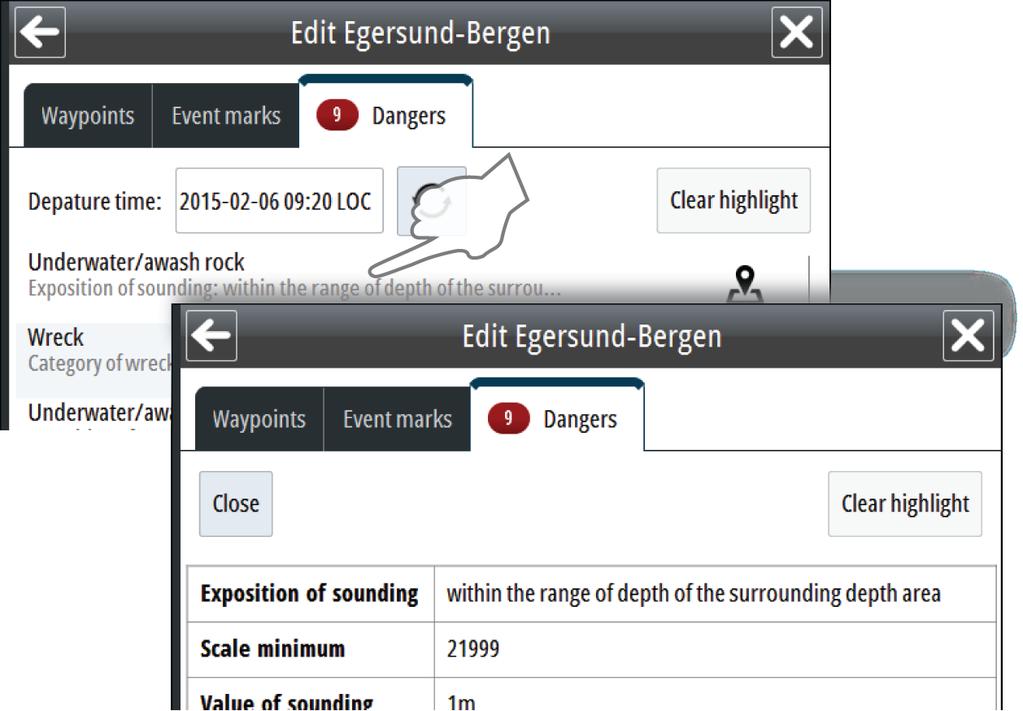 Vise informasjon om farlige objekter i en rute Systemet ser automatisk etter farlige objekter og objekter som krever