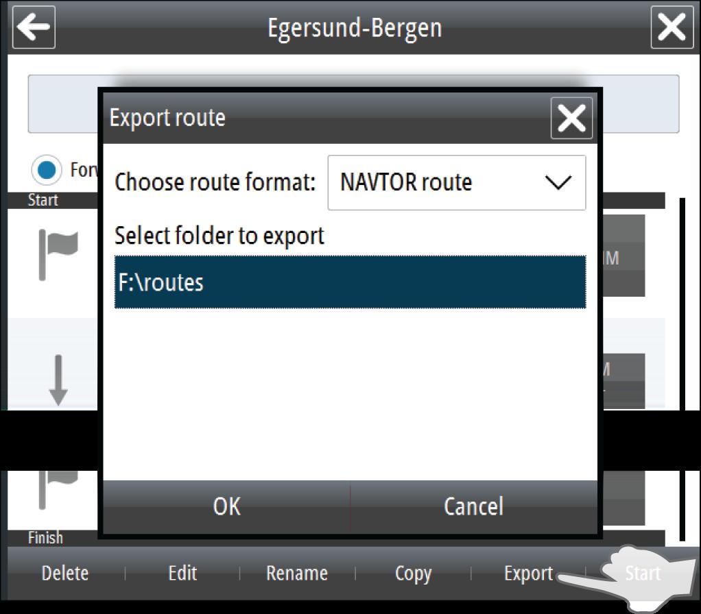 Eksportere ruter Du eksporterer en rute til et SD-kort eller til en USB-stasjon fra dialogboksen Route Details (Rutedetaljer).