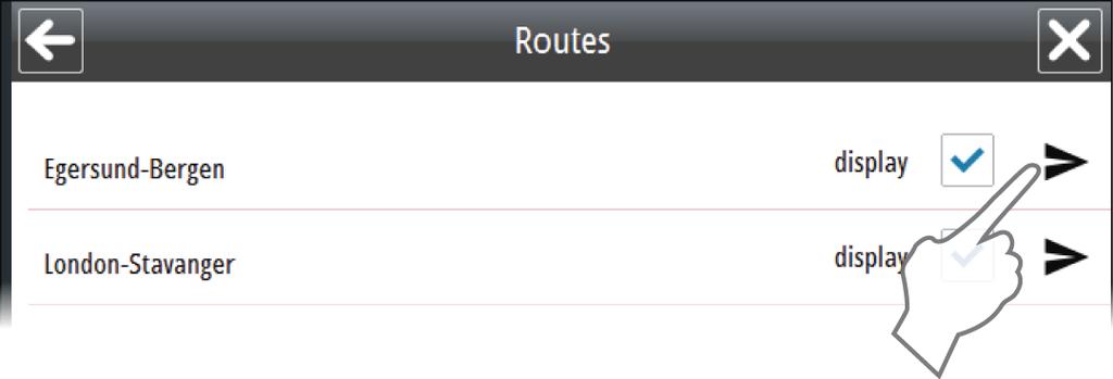 Overføre ruter Du kan overføre (sende) ruter til en annen enhet på nettverket. Velg ikonet for overføring av rute ved siden av ruten for å sende den til målenheten.
